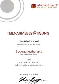 Zertifikat Bewegungstherapie nach Liebscher & Bracht, Daniela Lippert, Heilpraktikerin, Goldbach