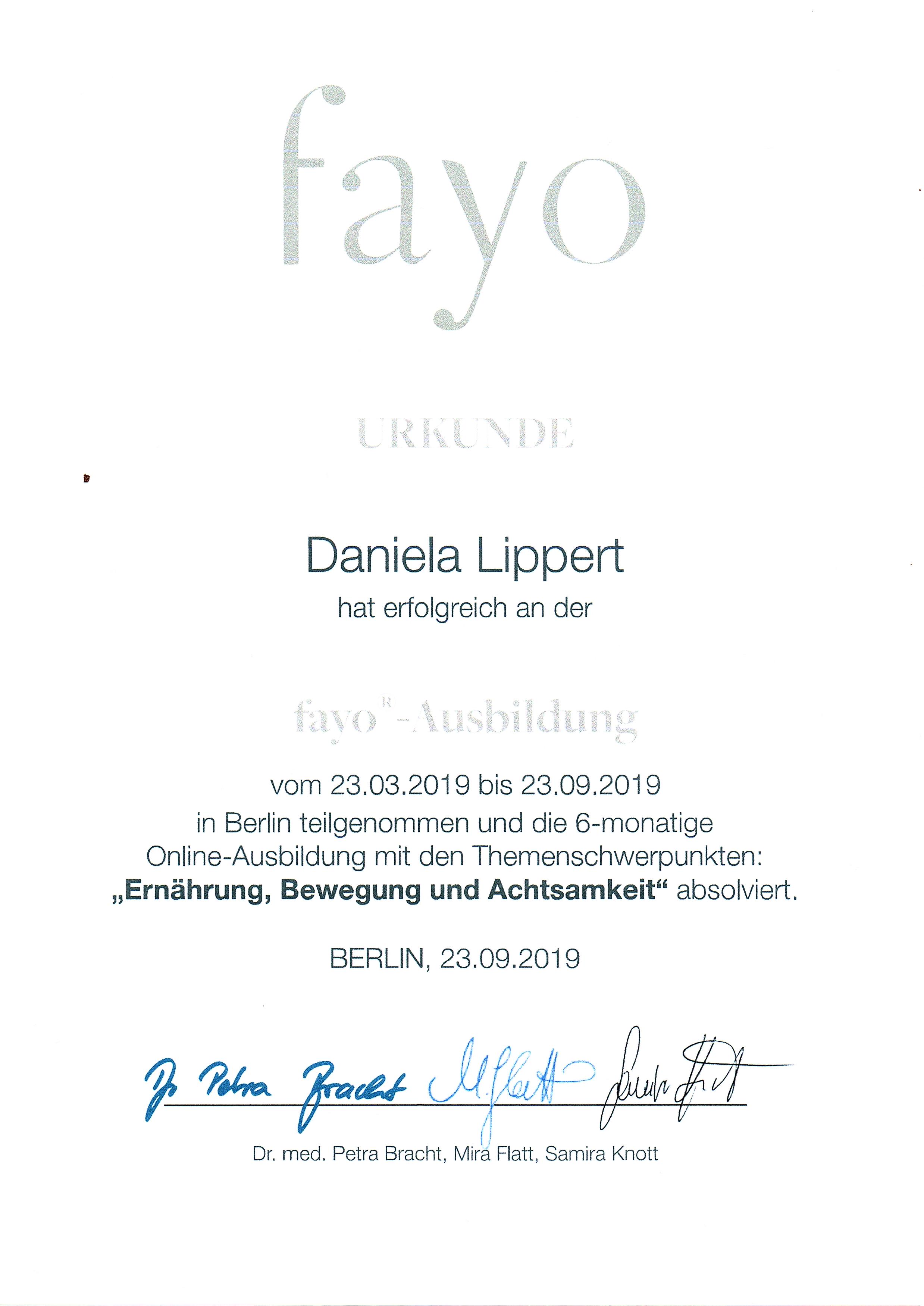 Zertifikat, Sechsmonatige Fayo Ausbildung, Daniela Lippert, Heilpraktikerin, Goldbach
