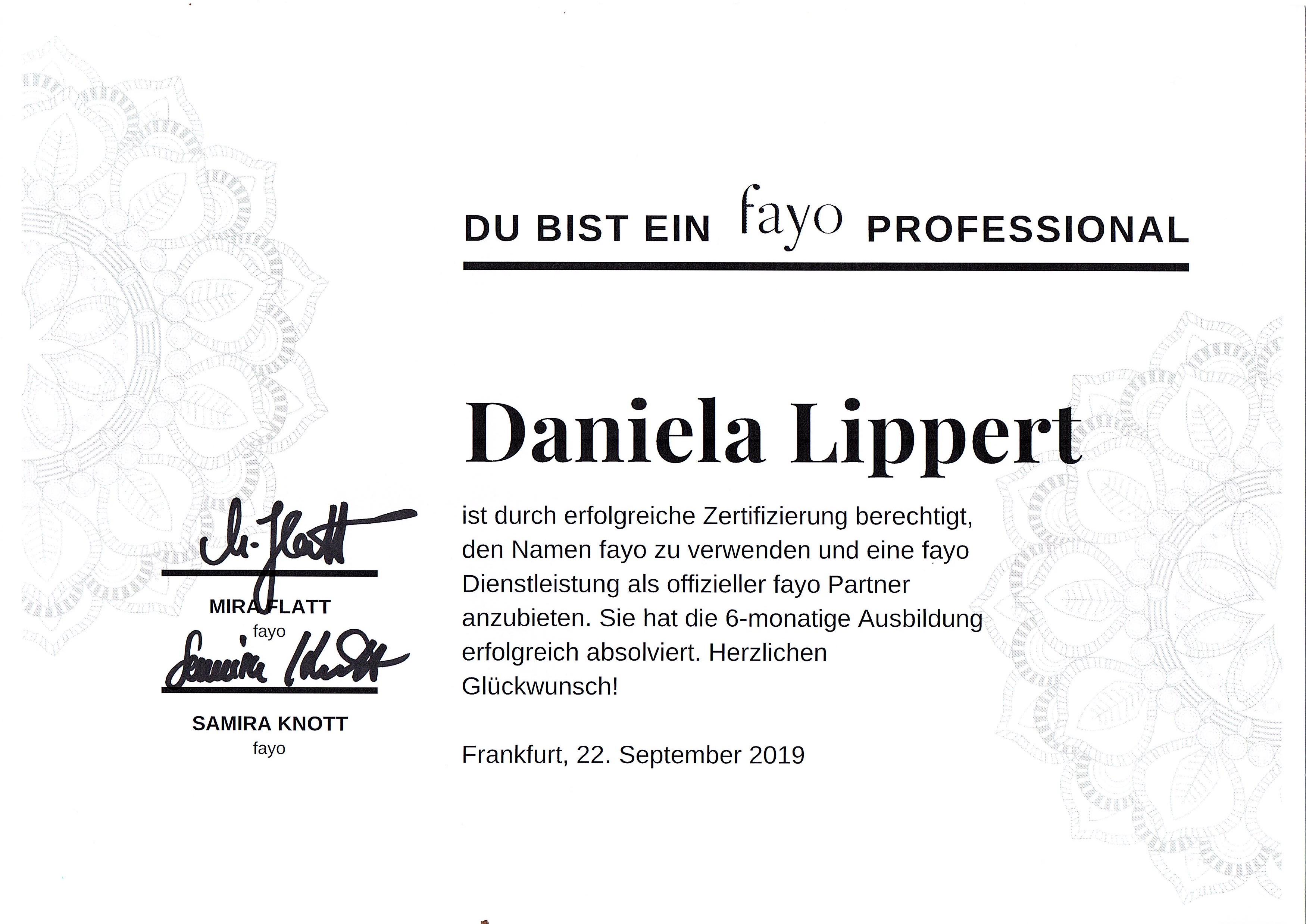 Zertifikat, Fayo Professional Daniela Lippert, Heilpraktikerin, Goldbach